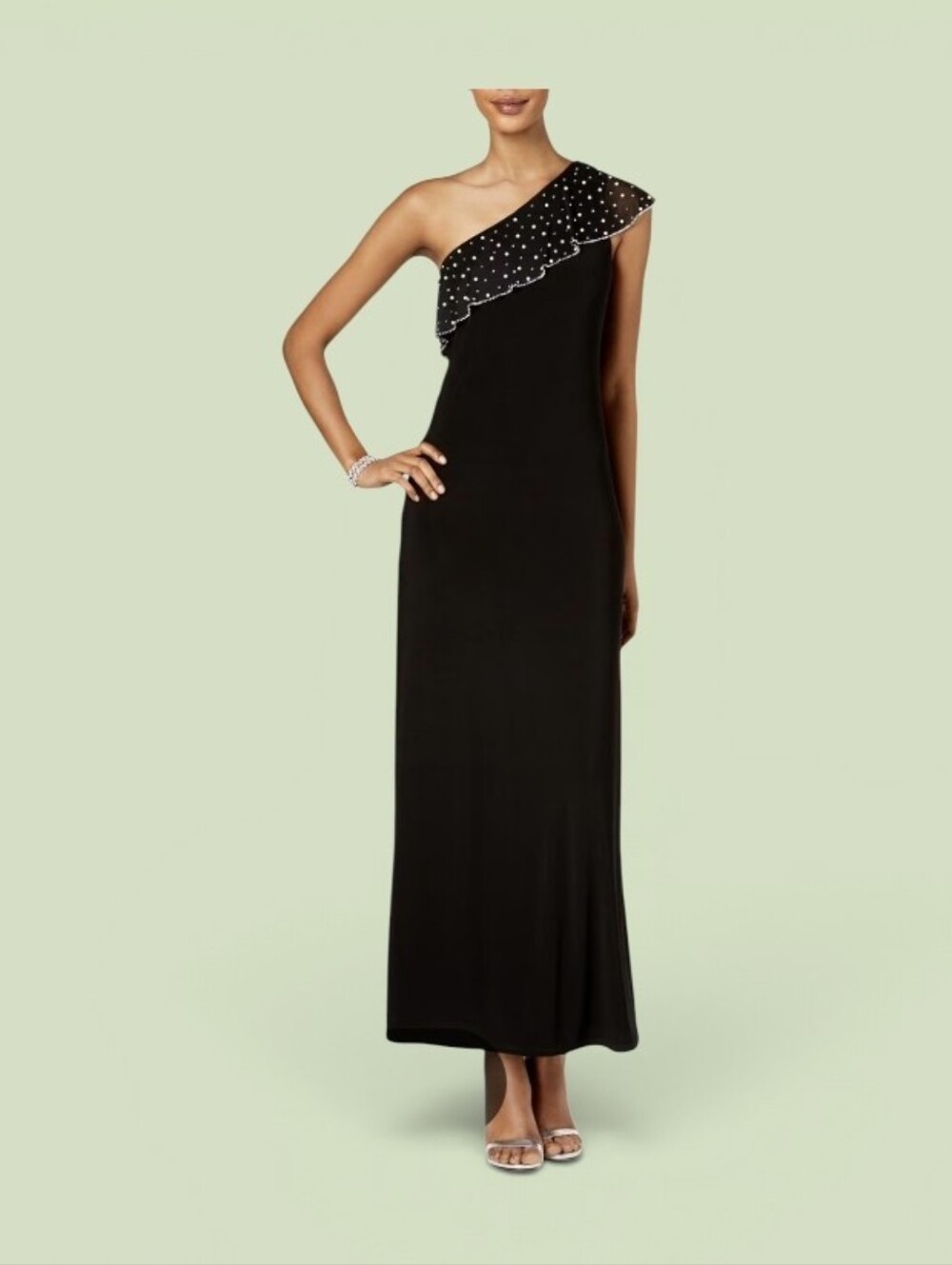 MSK Black One-Shoulder Cocktail Dress With Crystal & Pearl Embellished Neckline